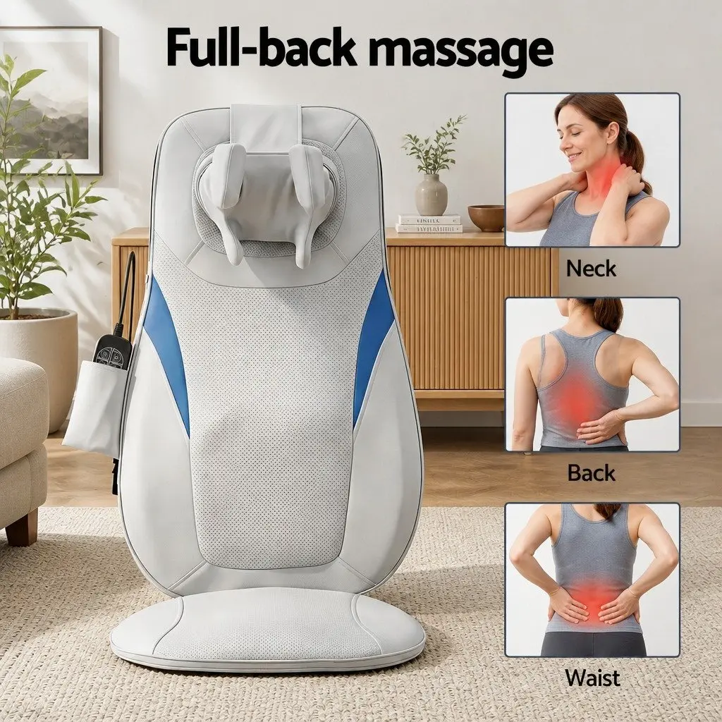 Full Back Massage Cushion Grey 3D Kneading Heating Vibration Seat Pad