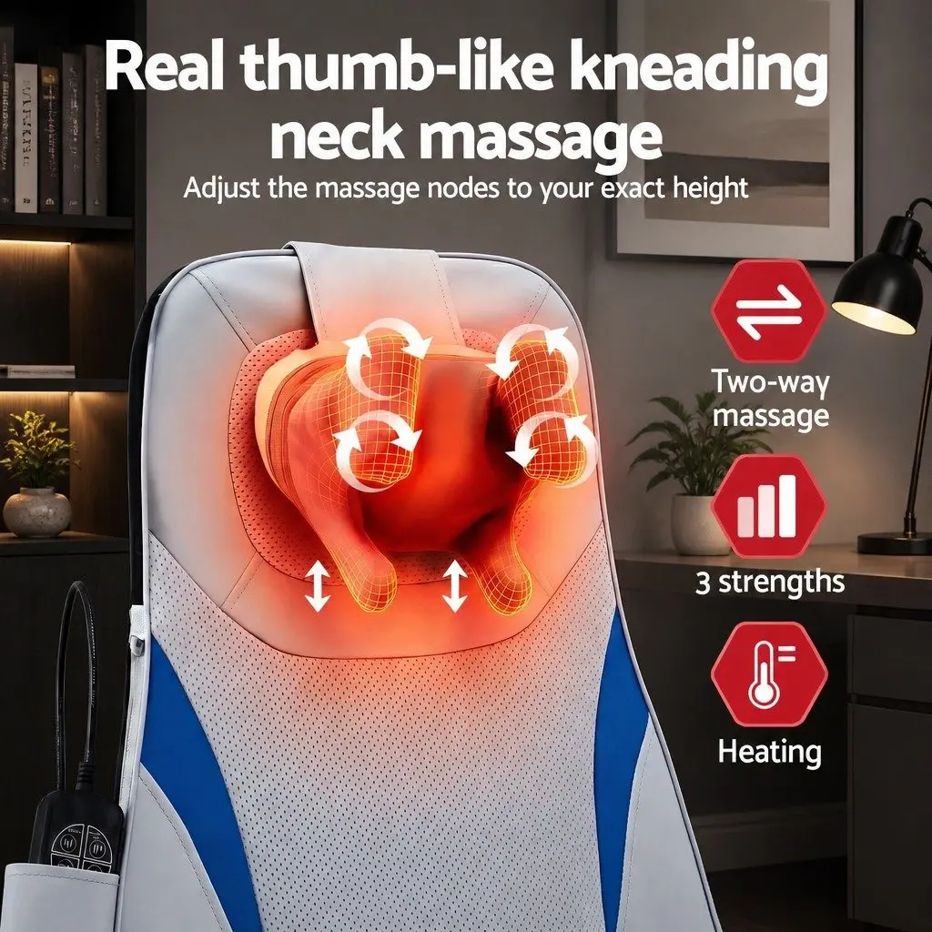 Full Back Massage Cushion Grey 3D Kneading Heating Vibration Seat Pad