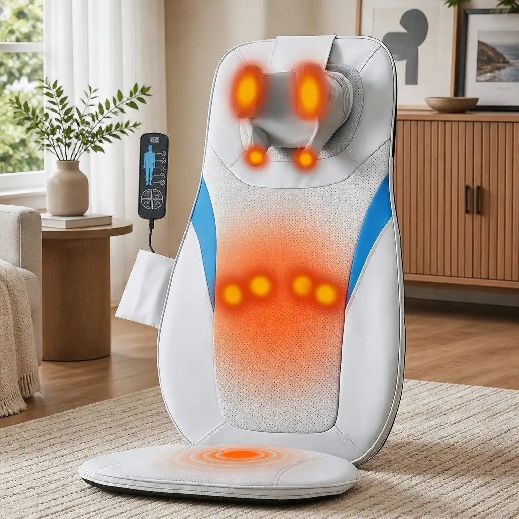 Full Back Massage Cushion Grey 3D Kneading Heating Vibration Seat Pad