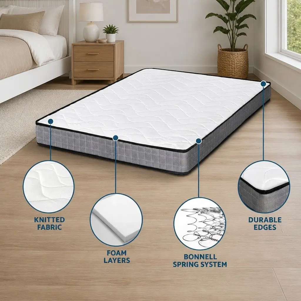 King Single Mattress Black White 13cm Medium Firm Bonnell Spring Tight Top Quilted