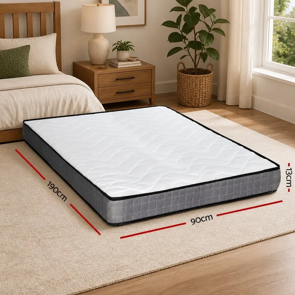Single Mattress White Grey 13cm Medium Firm Bonnell Spring Tight Top Quilted