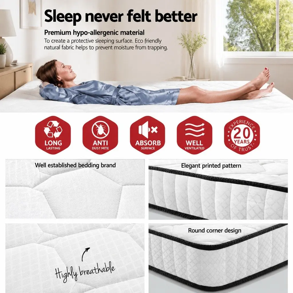 Queen Mattress White 21cm Tight Top Pocket Spring Medium Firmness