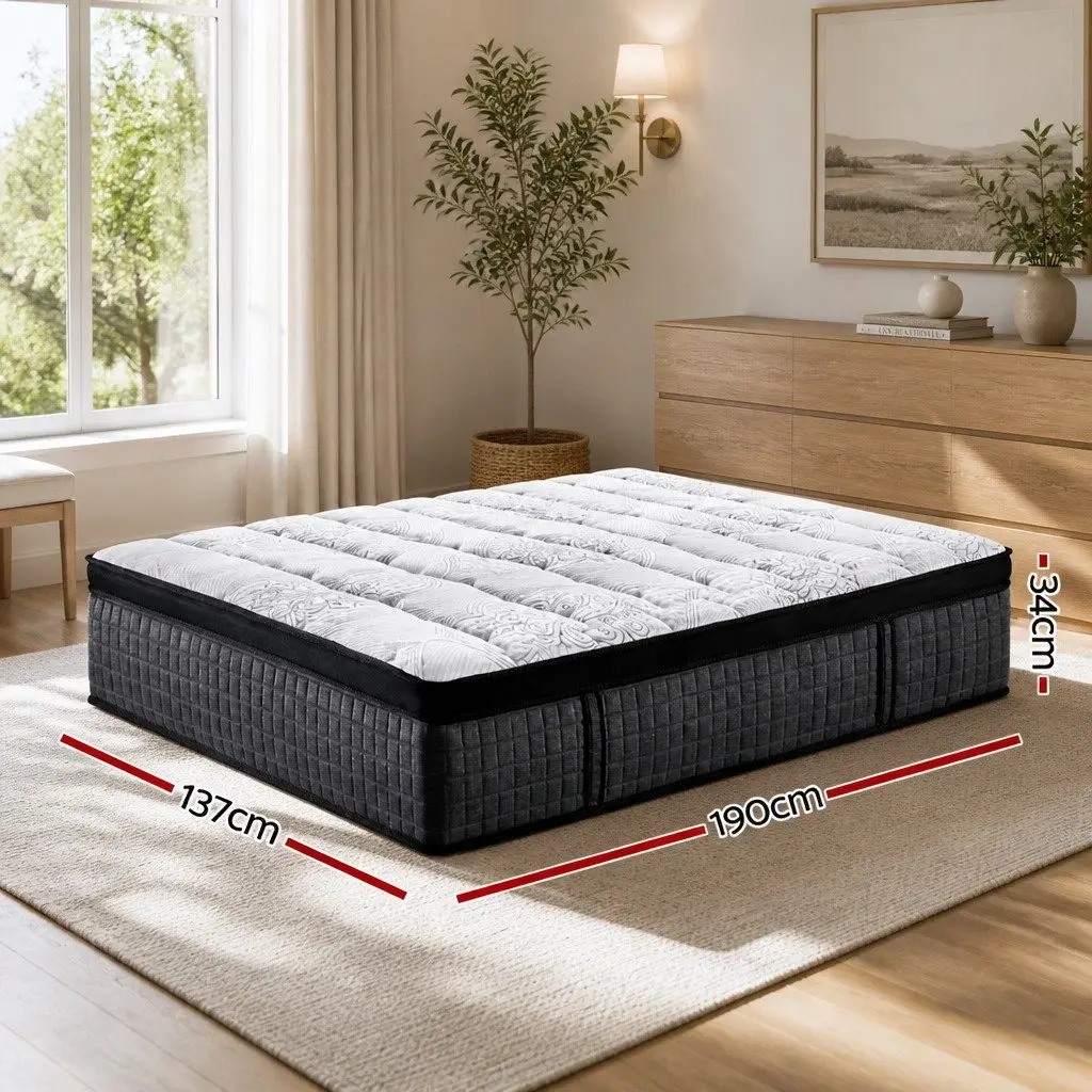 Double Mattress White 34cm Euro Top 9 Zone Pocket Spring Latex Foam Medium Firm