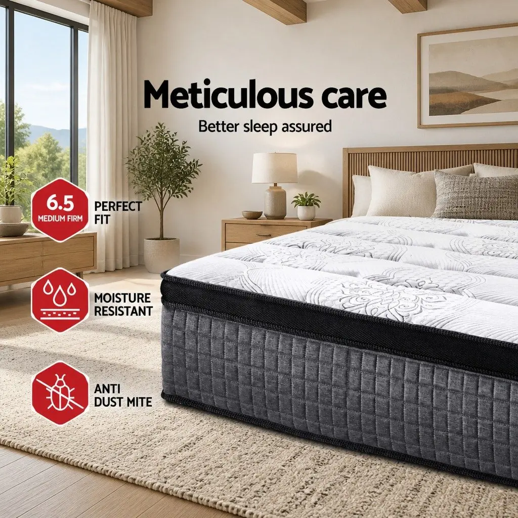 Double Mattress White 34cm Euro Top 9 Zone Pocket Spring Latex Foam Medium Firm