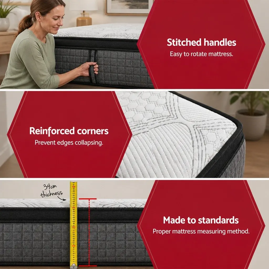 Double Mattress White 34cm Euro Top 9 Zone Pocket Spring Latex Foam Medium Firm