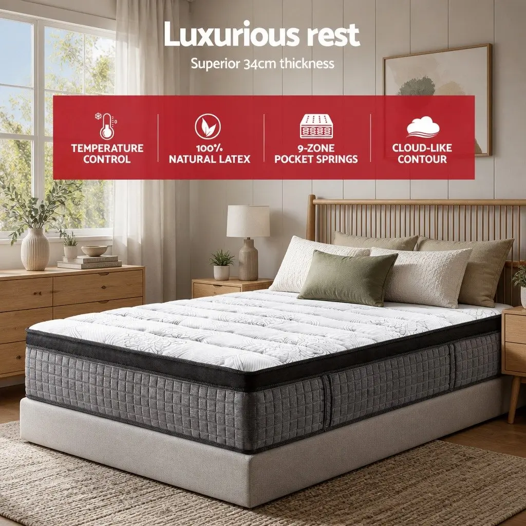 Queen Mattress White 34cm Euro Top 9 Zone Pocket Spring Latex Foam Medium Firm