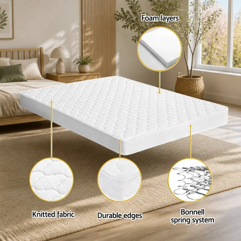 King Single Mattress White 13cm Medium Firm Bonnell Spring Tight Top