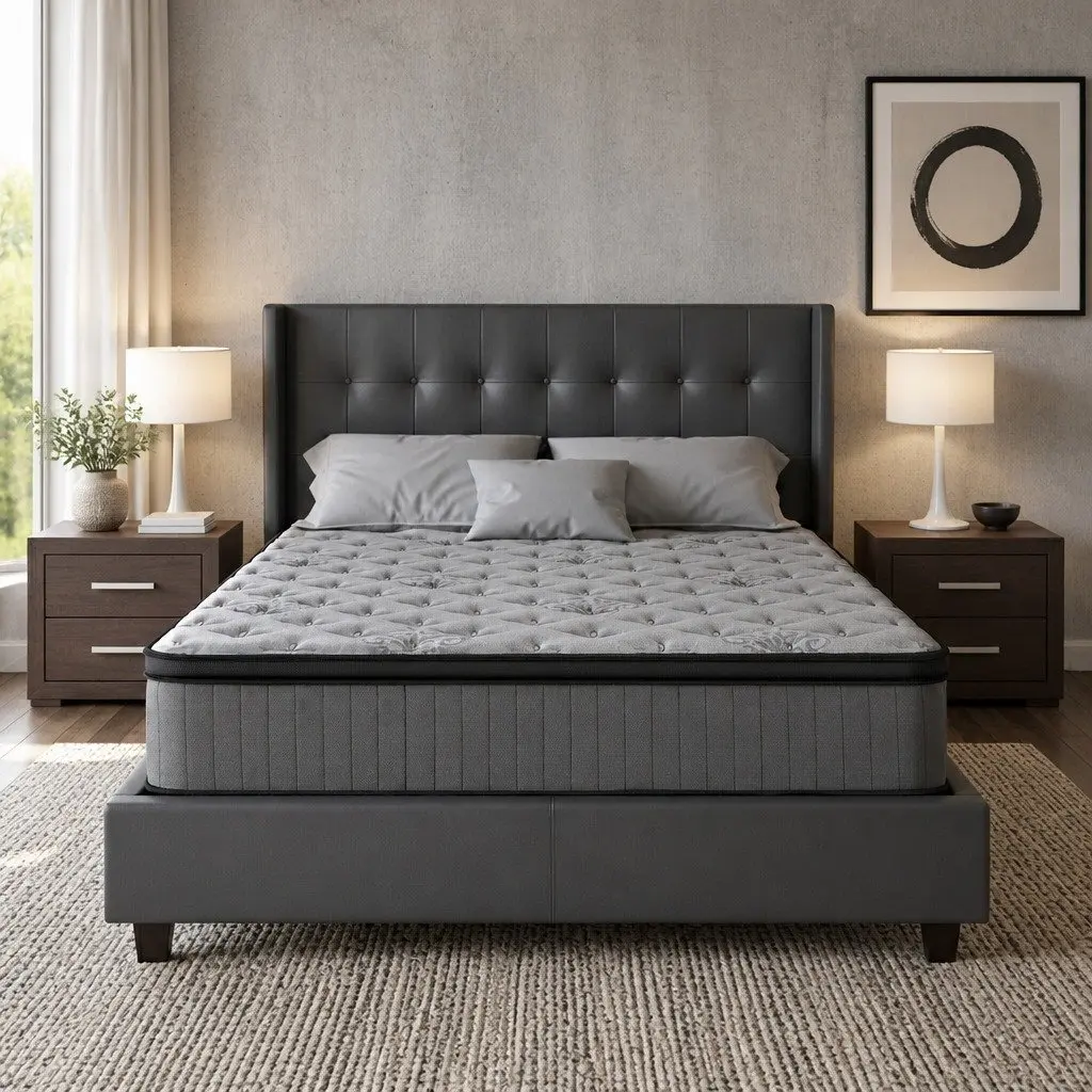 Queen Mattress Grey Pocket Spring 34cm Euro Top Medium Firm Support