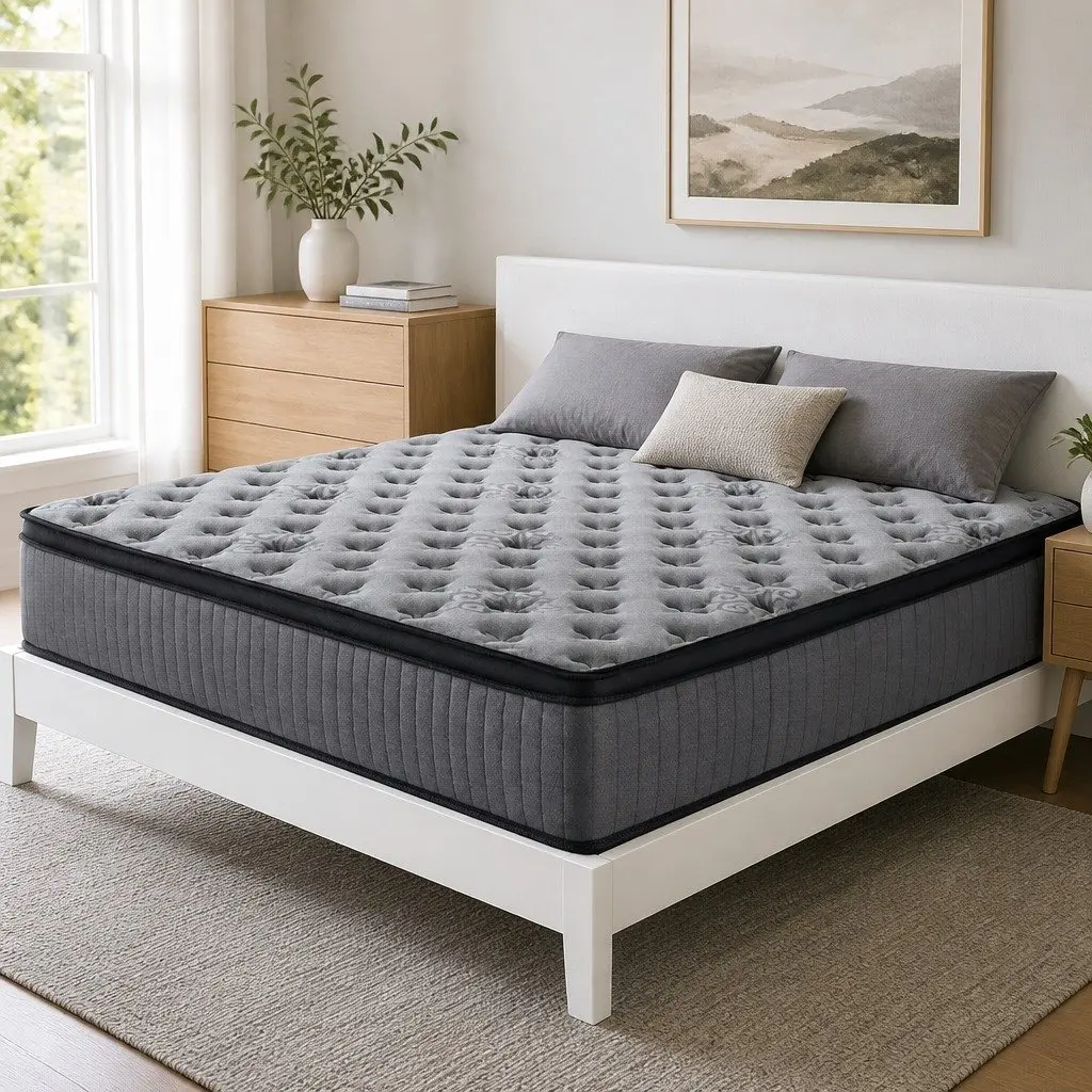 Queen Mattress Grey Pocket Spring 34cm Euro Top Medium Firm Support