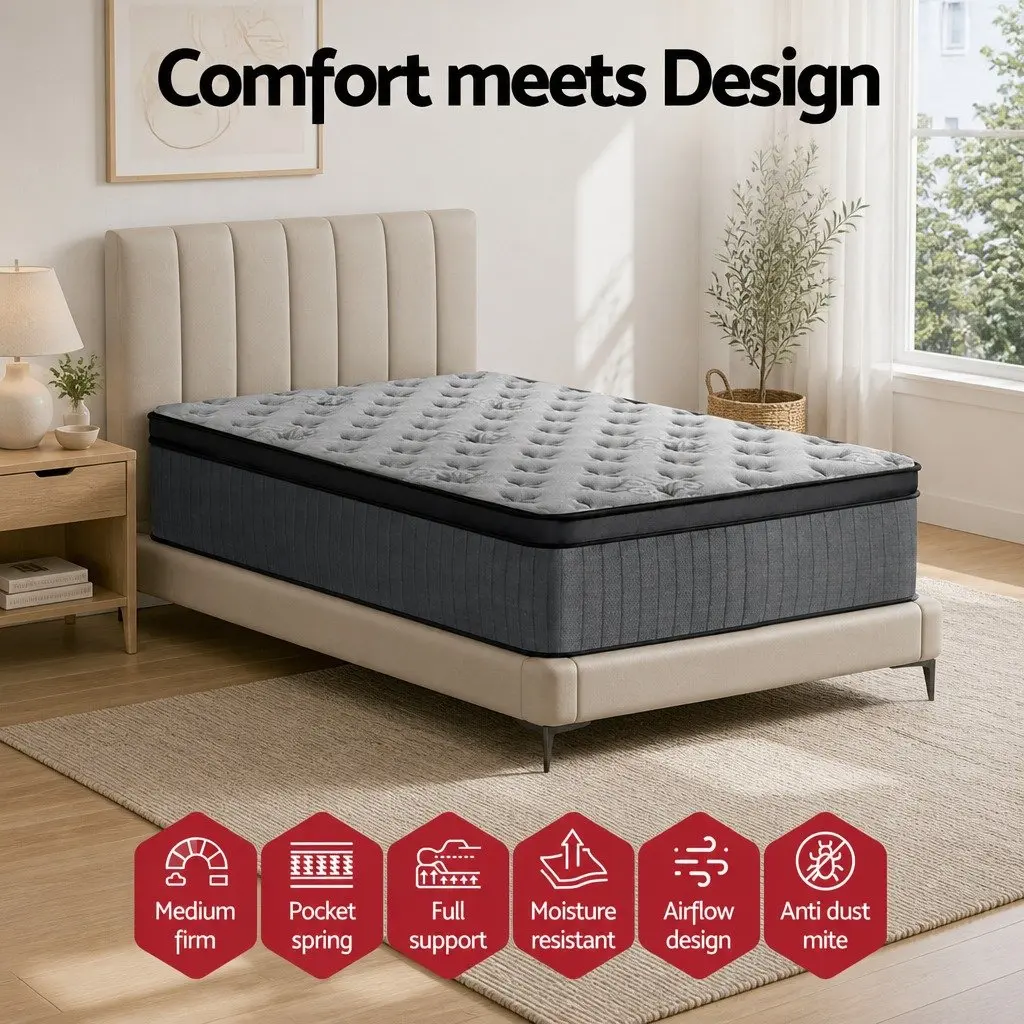 Single Mattress Grey 34cm Euro Top Medium-Firm Pocket Spring Memory Foam