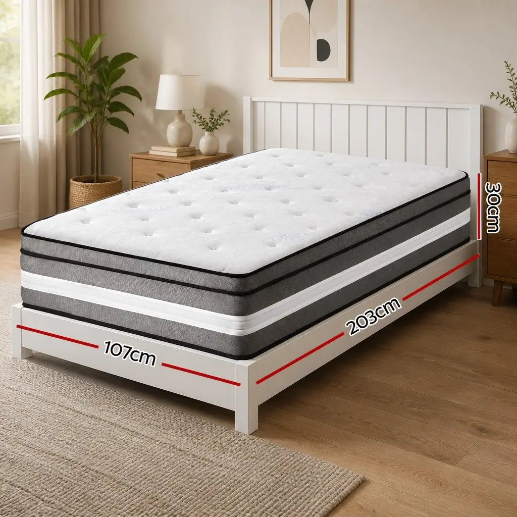 King Single Mattress 30cm Gel Memory Foam Pocket Spring Euro Top Grey