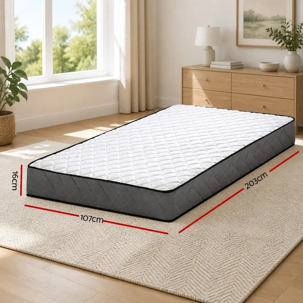 King Single Mattress White 16cm Bonnell Spring Medium Firm Quilted