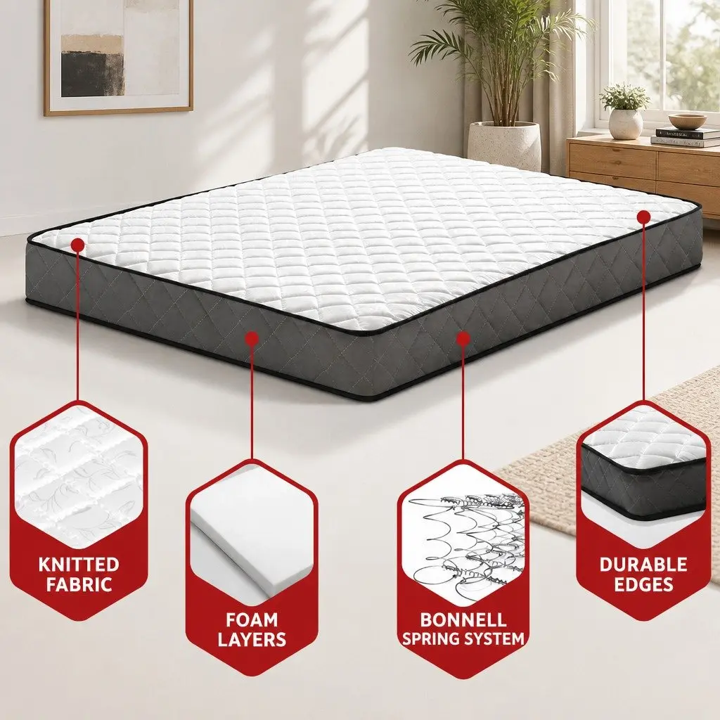 King Single Mattress White 16cm Bonnell Spring Medium Firm Quilted