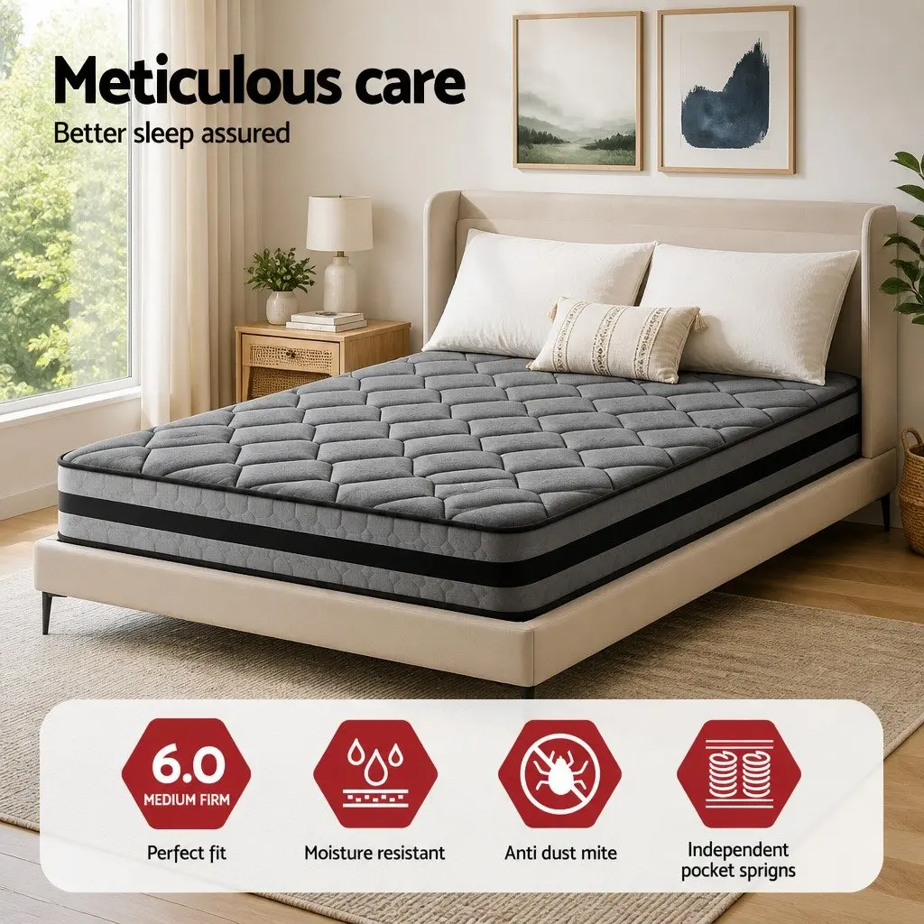 King Size Pocket Spring Mattress Grey 22cm Medium Firm 5-Zone Support