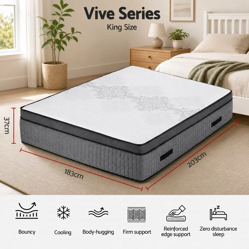 King Size Mattress Grey and White 37cm Dual-Zone Flippable Adjustable Firmness Cooling Gel