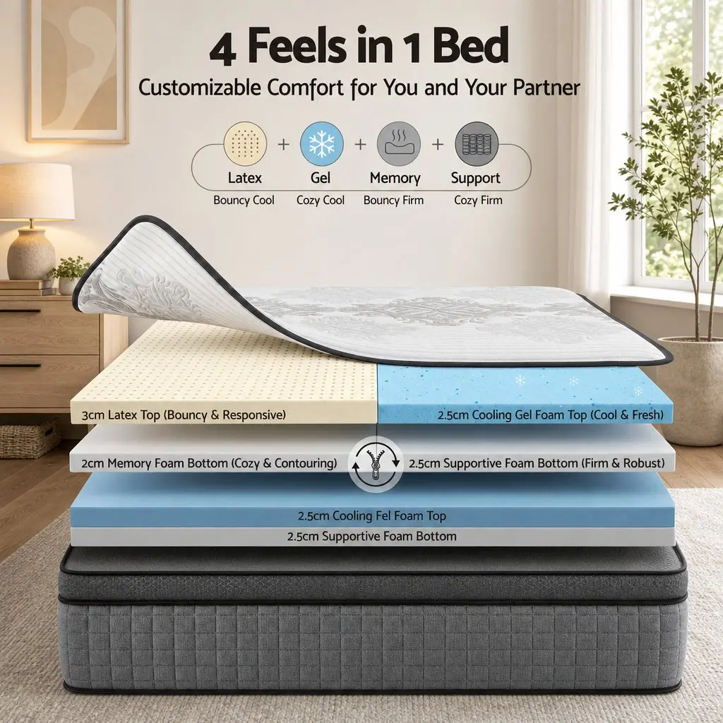 Queen Mattress White and Grey 37cm 4-in-1 Adjustable Firmness Dual Zone Flippable Memory Foam