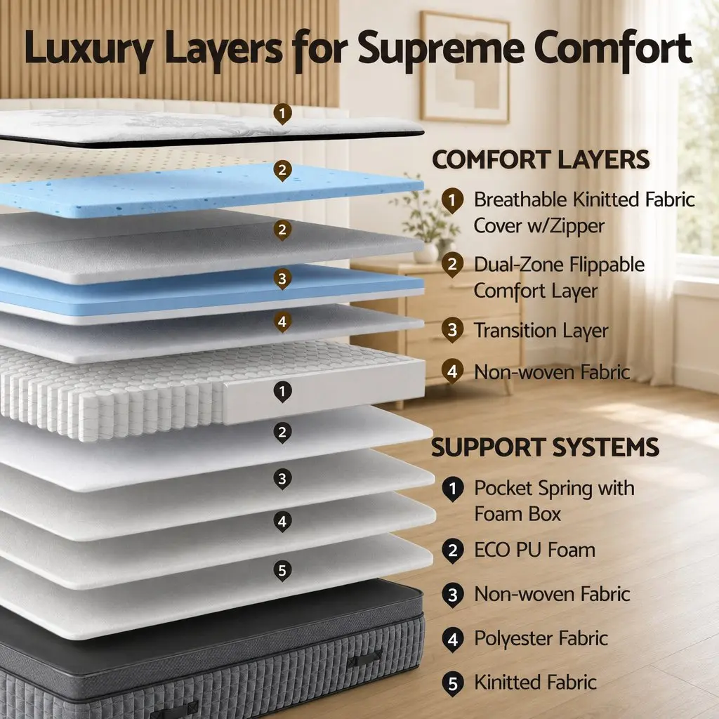 Queen Mattress White and Grey 37cm 4-in-1 Adjustable Firmness Dual Zone Flippable Memory Foam