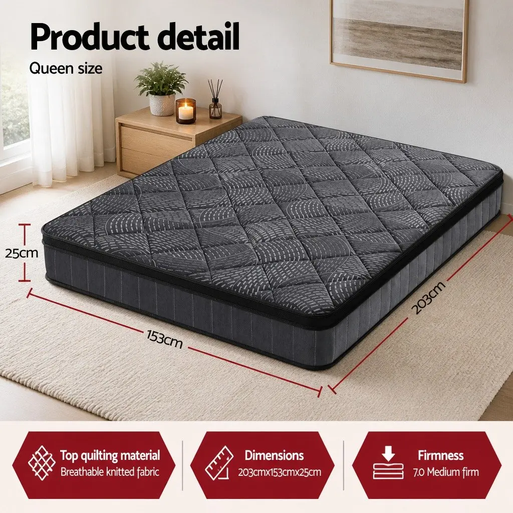 Queen Mattress Black 25cm Pocket Spring Latex Euro Top Medium Firm Support