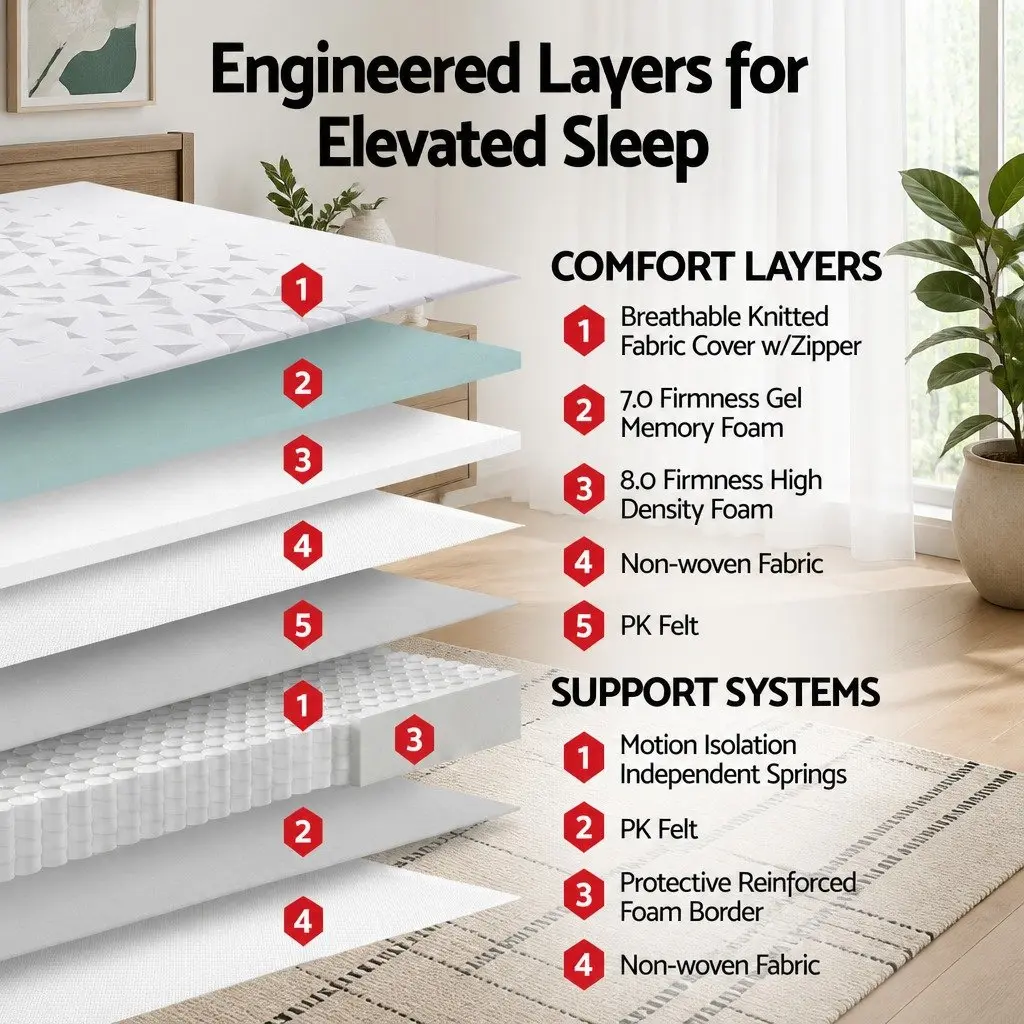 King Single Mattress White Grey 23cm Pocket Spring Reversible Foam Medium Firm Firm