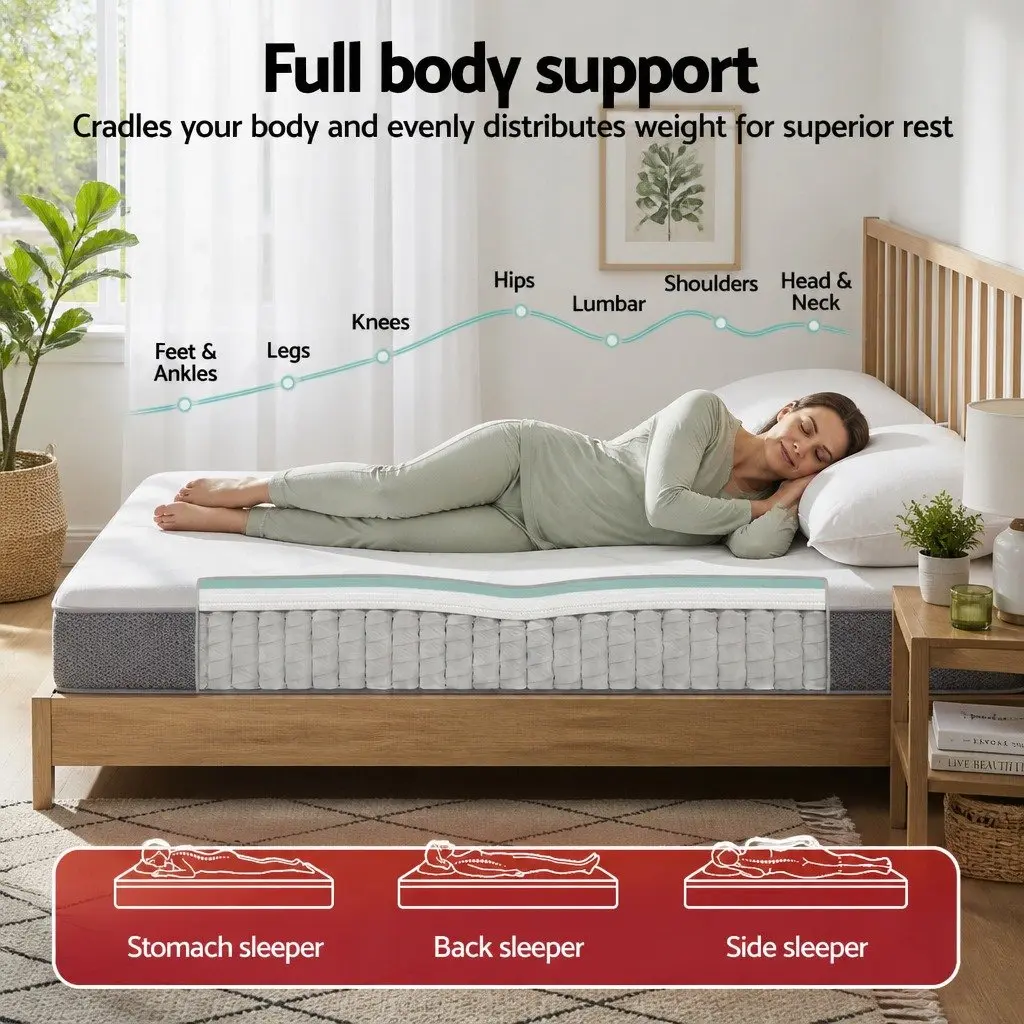 King Single Mattress White Grey 23cm Pocket Spring Reversible Foam Medium Firm Firm