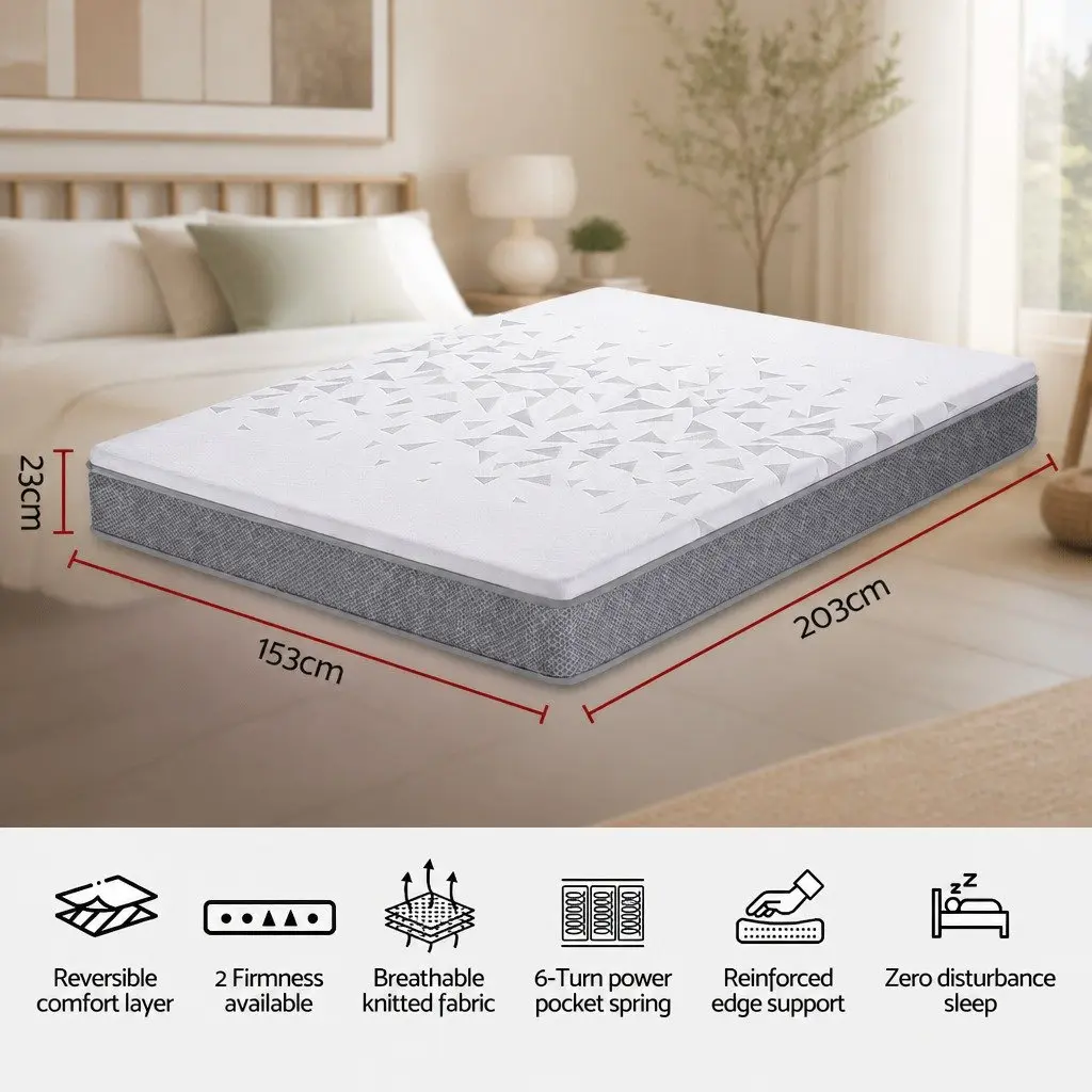 Queen Mattress White Grey 23cm Pocket Spring Reversible Foam Dual Firmness Medium Firm