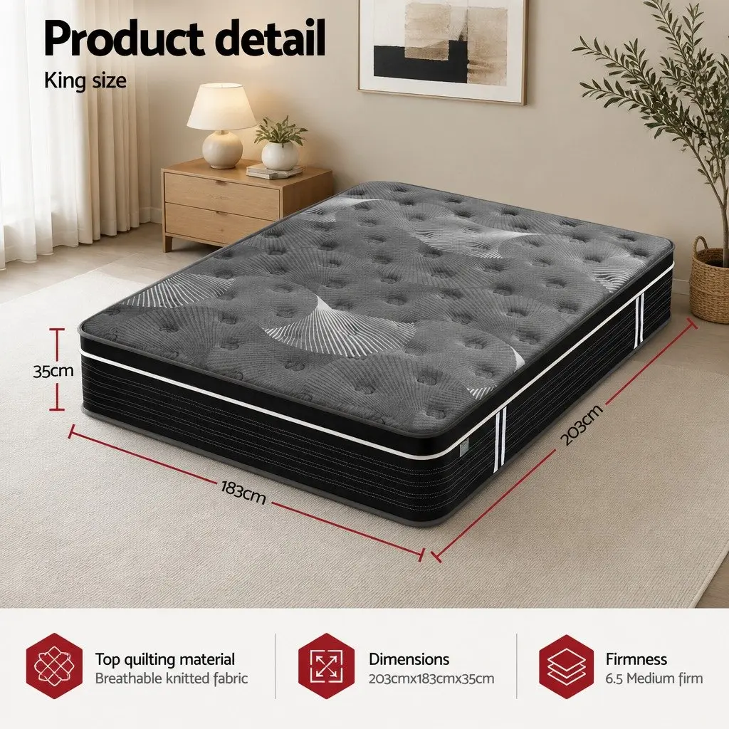 King Mattress Black 35cm Euro Top Medium Firm Pocket Spring Memory Foam