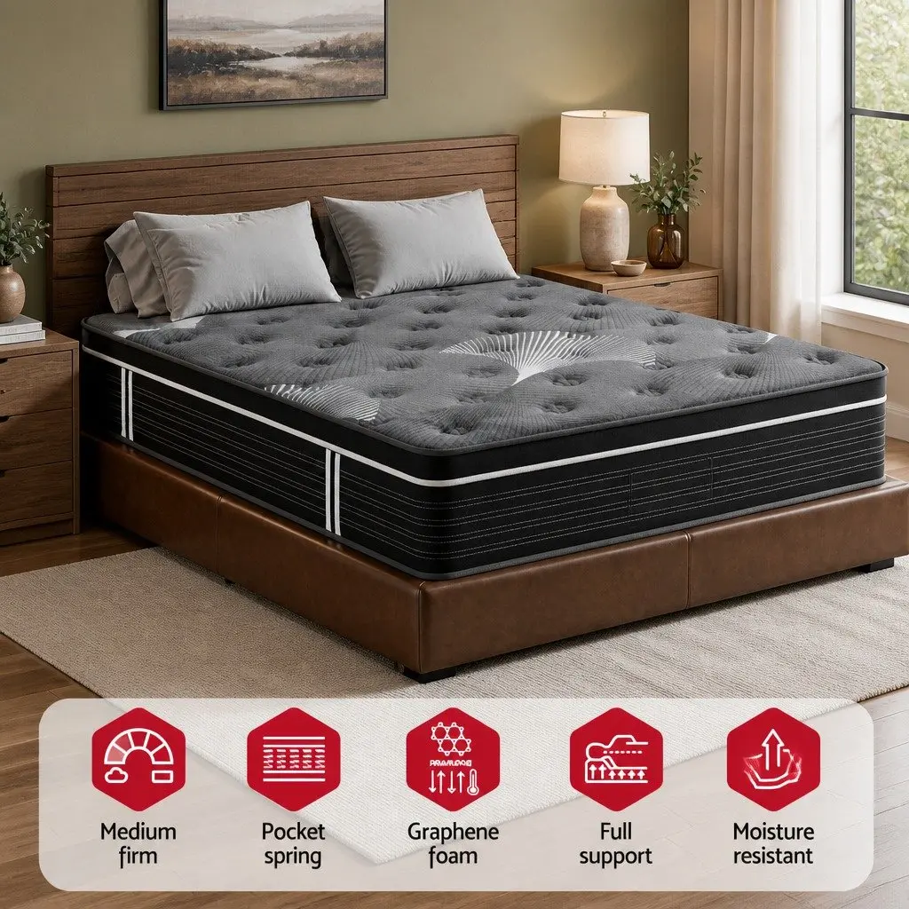 King Mattress Black 35cm Euro Top Medium Firm Pocket Spring Memory Foam