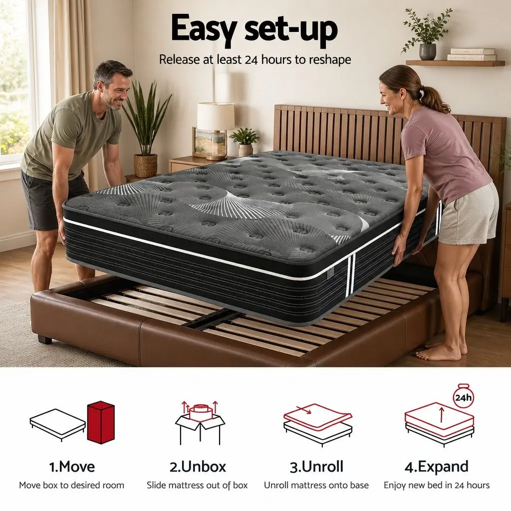 Queen Mattress Black 35cm Euro Top Medium Firm Pocket Spring Cooling Memory Foam