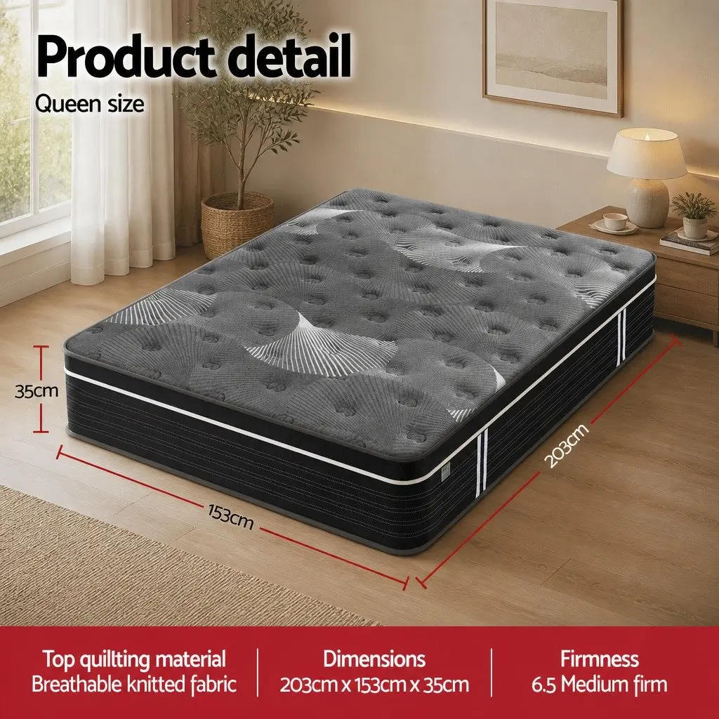 Queen Mattress Black 35cm Euro Top Medium Firm Pocket Spring Cooling Memory Foam