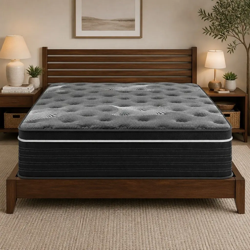 Queen Mattress Black 35cm Euro Top Medium Firm Pocket Spring Cooling Memory Foam
