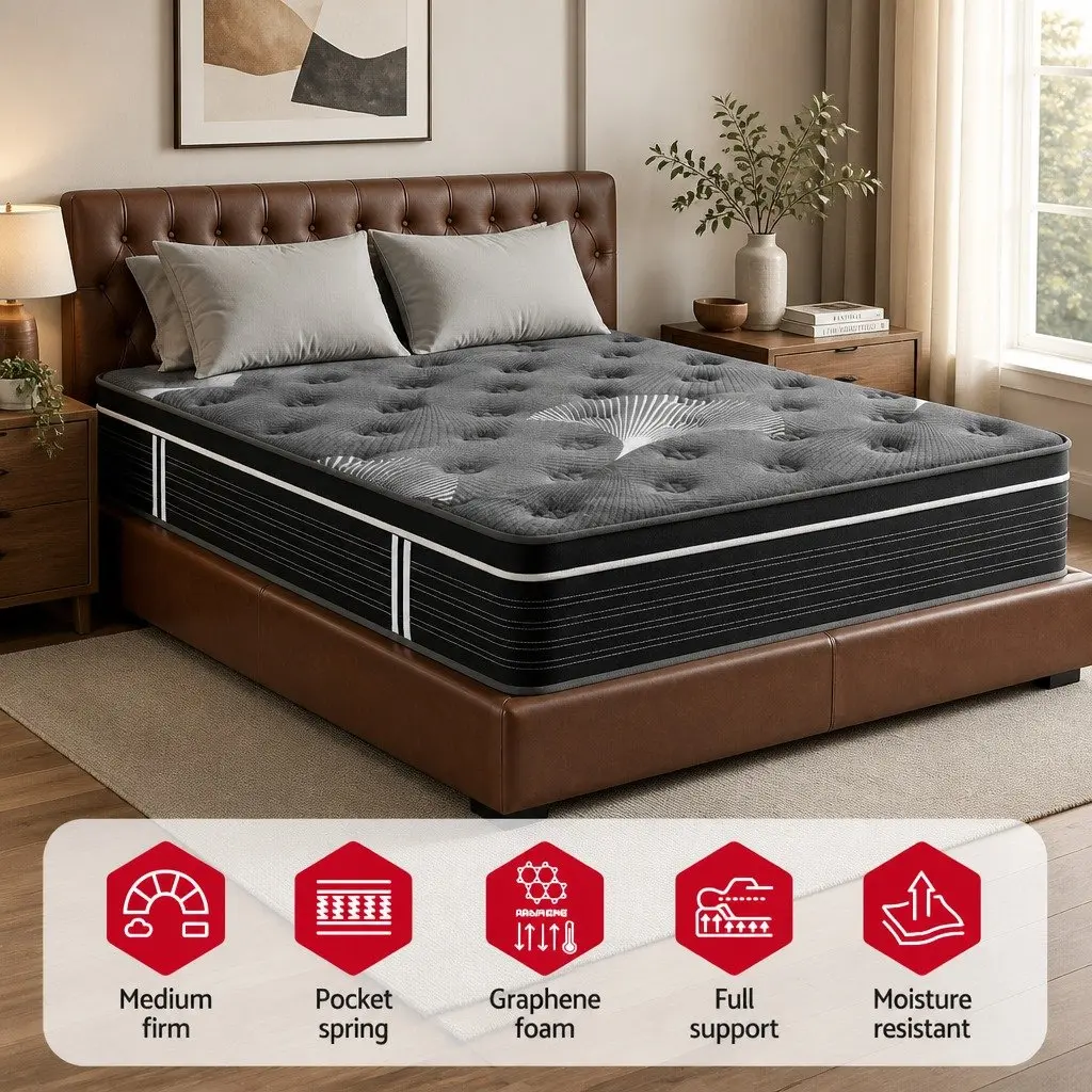 Queen Mattress Black 35cm Euro Top Medium Firm Pocket Spring Cooling Memory Foam