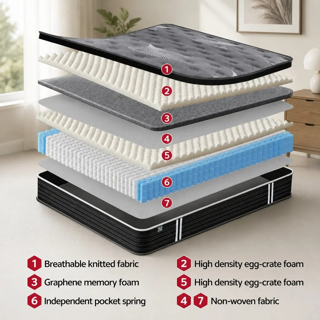 Queen Mattress Black 35cm Euro Top Medium Firm Pocket Spring Cooling Memory Foam