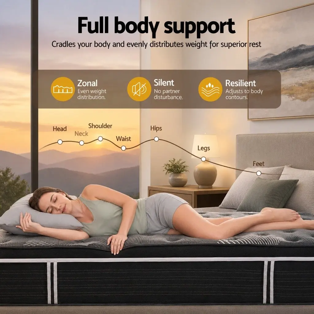 Queen Mattress Black 35cm Euro Top Medium Firm Pocket Spring Cooling Memory Foam