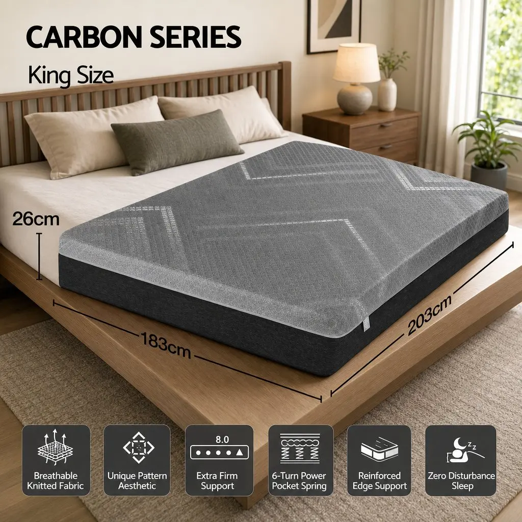 King Size Mattress Dark Grey 26cm Firm Pocket Spring Dual Edge Support