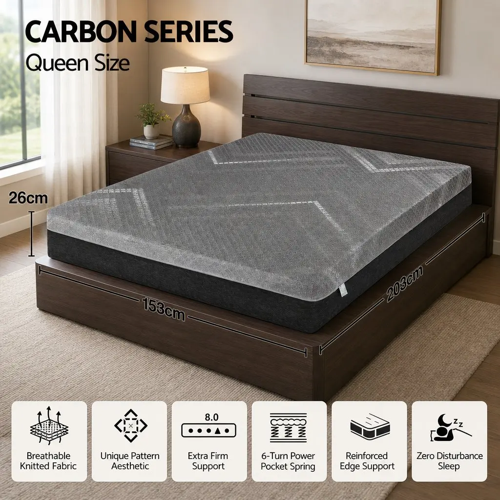 Queen Mattress Dark Grey 26cm Firm Pocket Spring Dual Edge Support Breathable