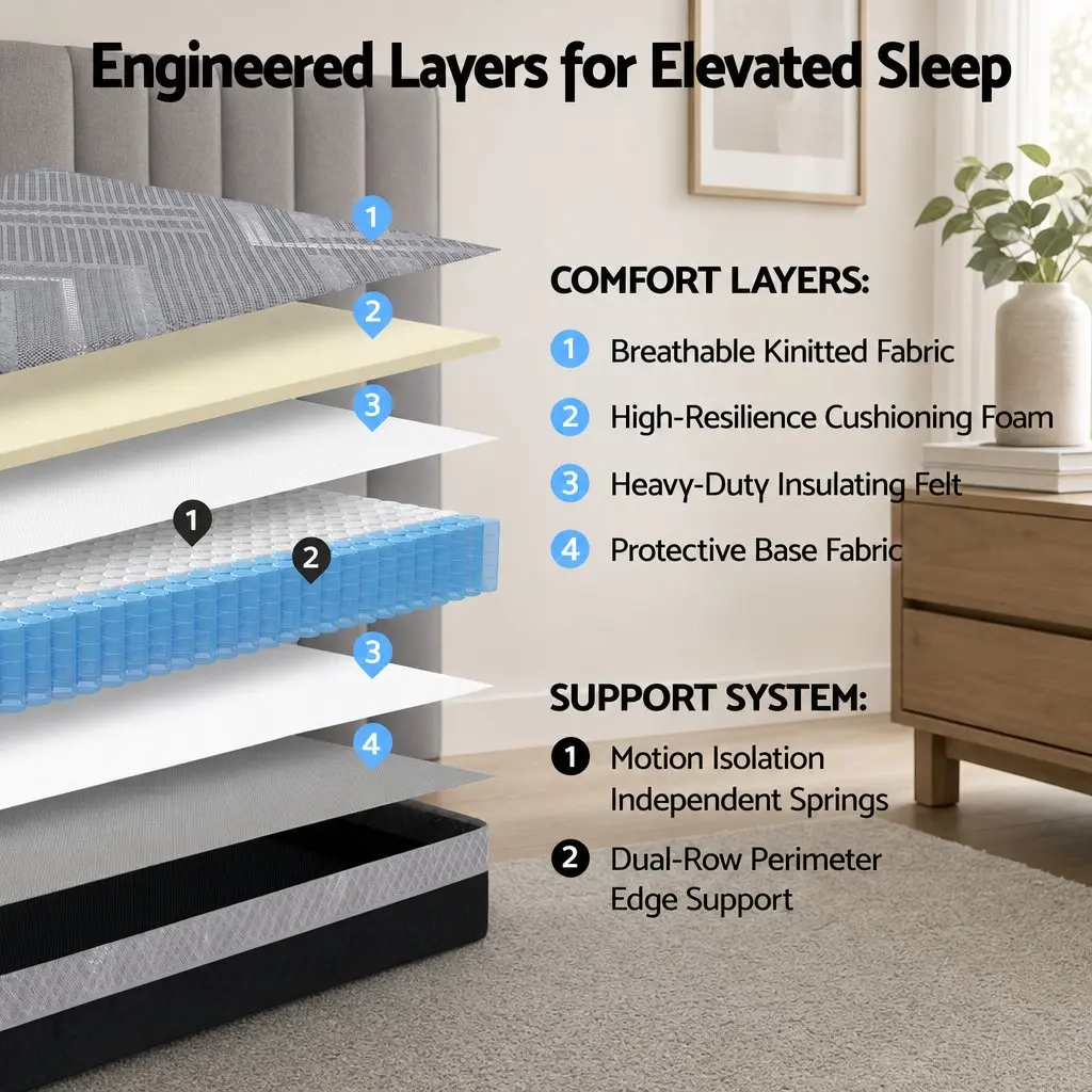 Queen Mattress Dark Grey 26cm Firm Pocket Spring Dual Edge Support Breathable