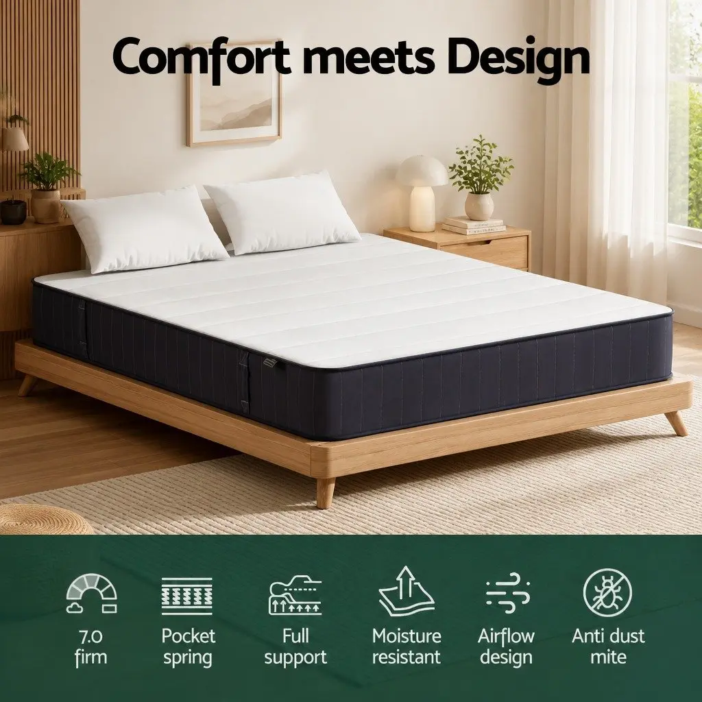 Double Mattress White Grey 20cm Pocket Spring Tight Top Firm Support