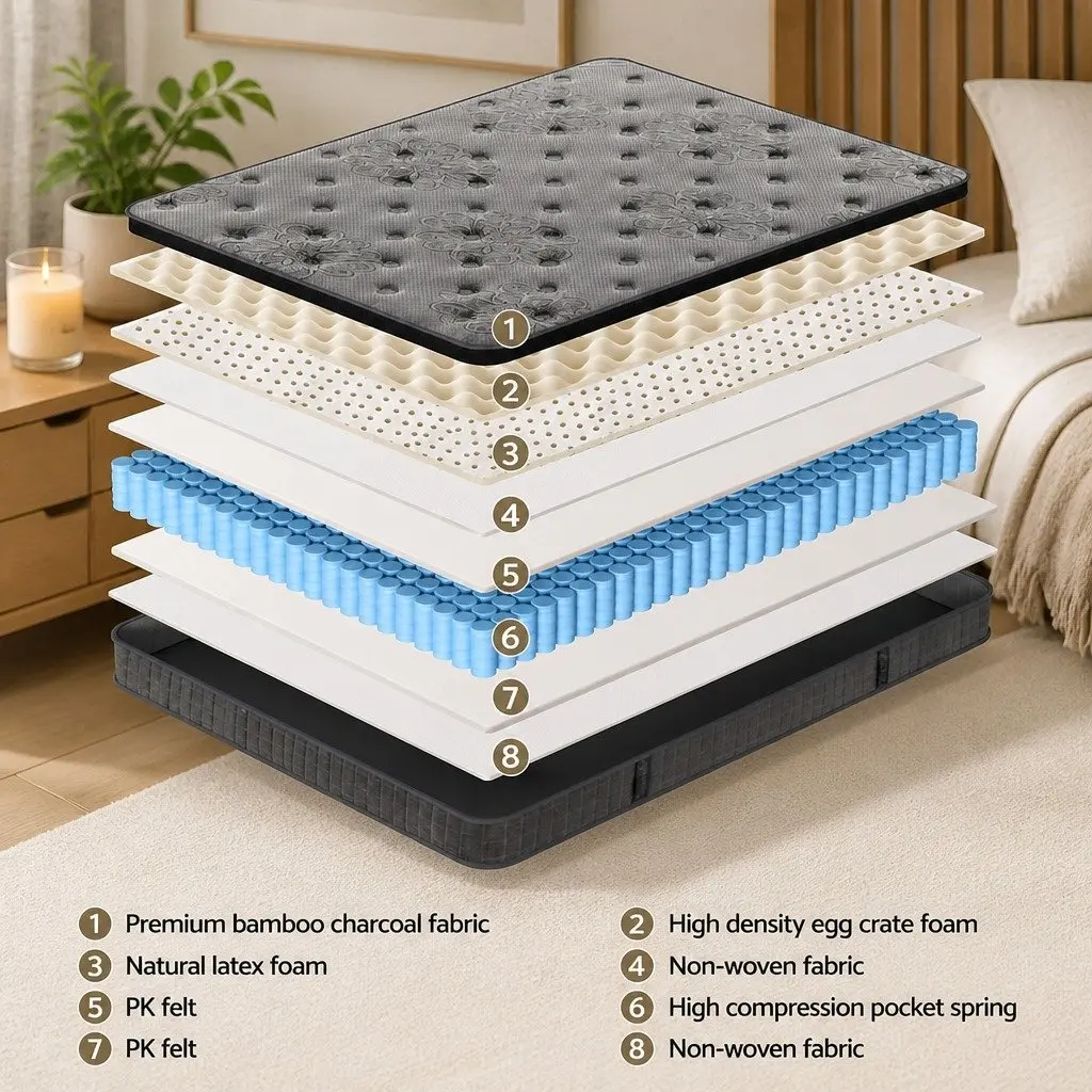 Queen Mattress 26cm Latex Foam Euro Top Medium Firm Pocket Spring Support