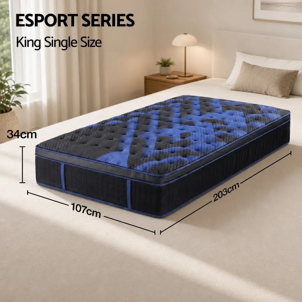 King Single Mattress Black Blue 34cm Cooling Gel Memory Foam Pocket Spring Support