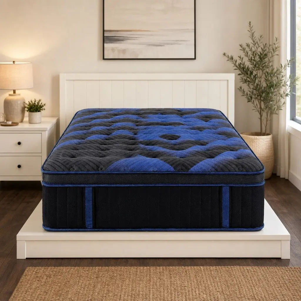 King Single Mattress Black Blue 34cm Cooling Gel Memory Foam Pocket Spring Support