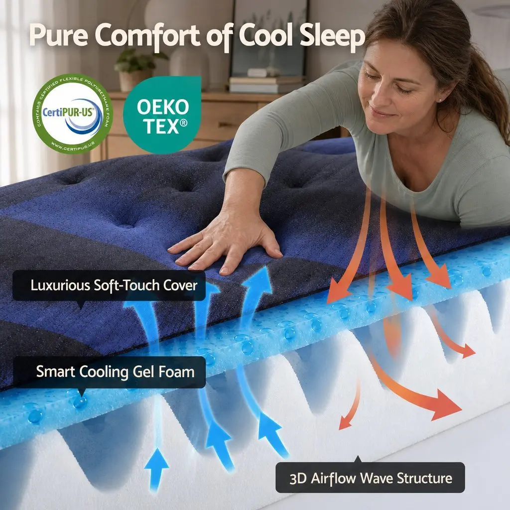 King Single Mattress Black Blue 34cm Cooling Gel Memory Foam Pocket Spring Support