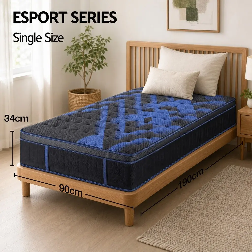Single Mattress Black Blue 34cm Cooling Gel Memory Foam Pocket Spring Medium Firm