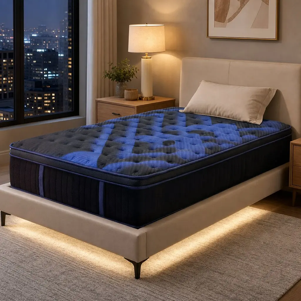 Single Mattress Black Blue 34cm Cooling Gel Memory Foam Pocket Spring Medium Firm