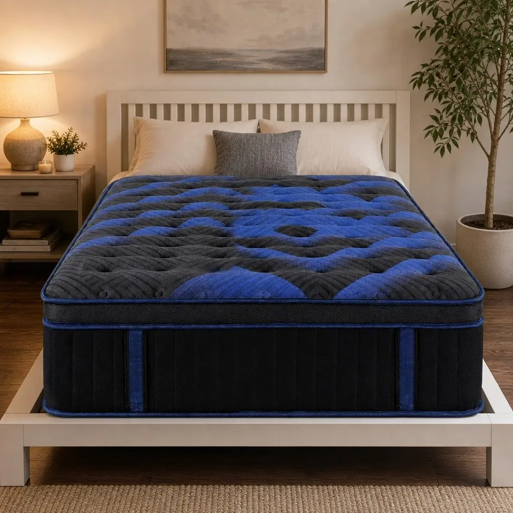 Single Mattress Black Blue 34cm Cooling Gel Memory Foam Pocket Spring Medium Firm