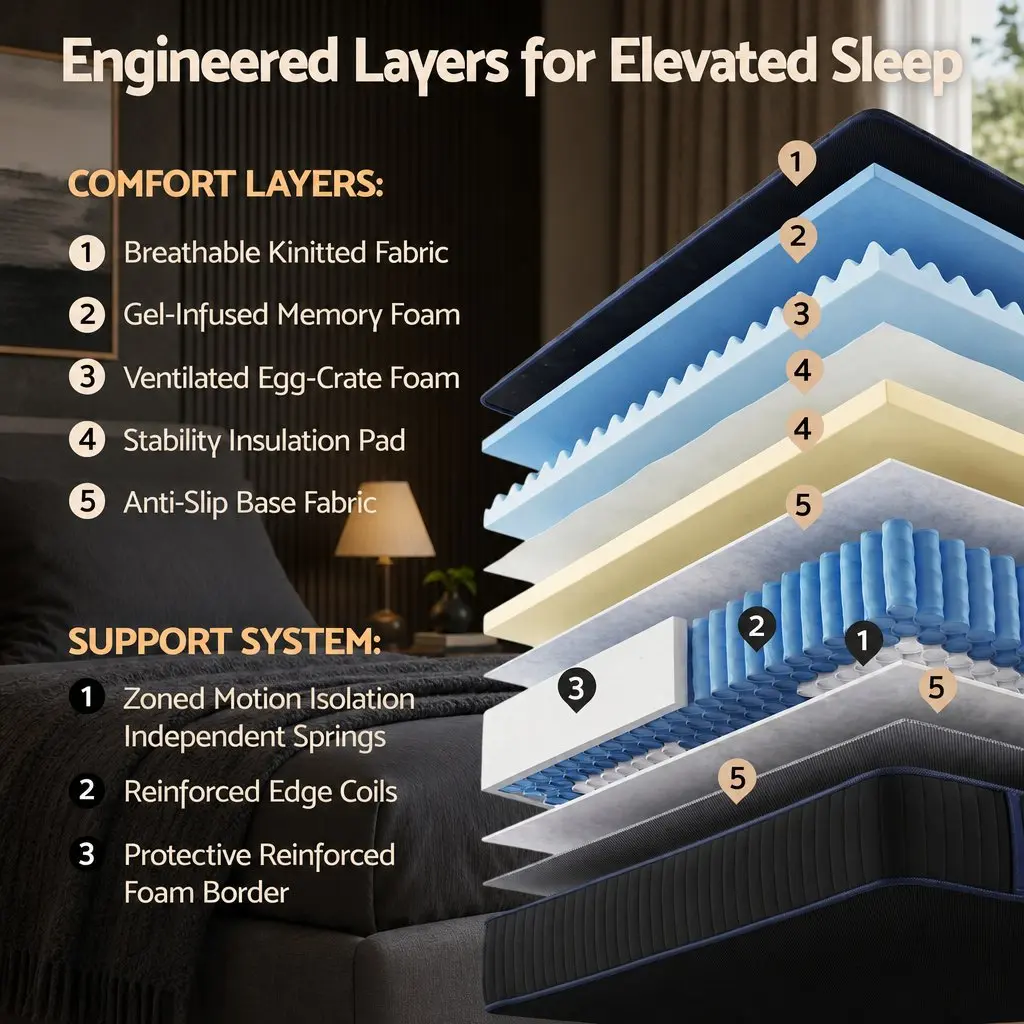 Single Mattress Black Blue 34cm Cooling Gel Memory Foam Pocket Spring Medium Firm