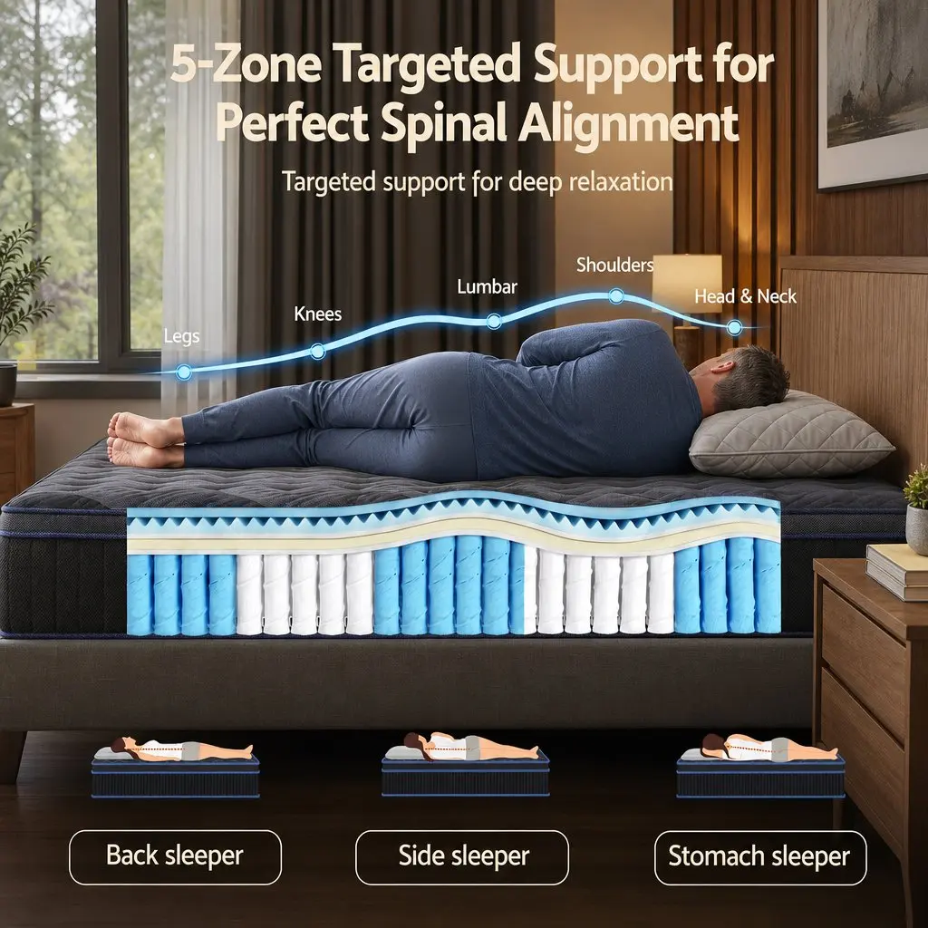 Single Mattress Black Blue 34cm Cooling Gel Memory Foam Pocket Spring Medium Firm