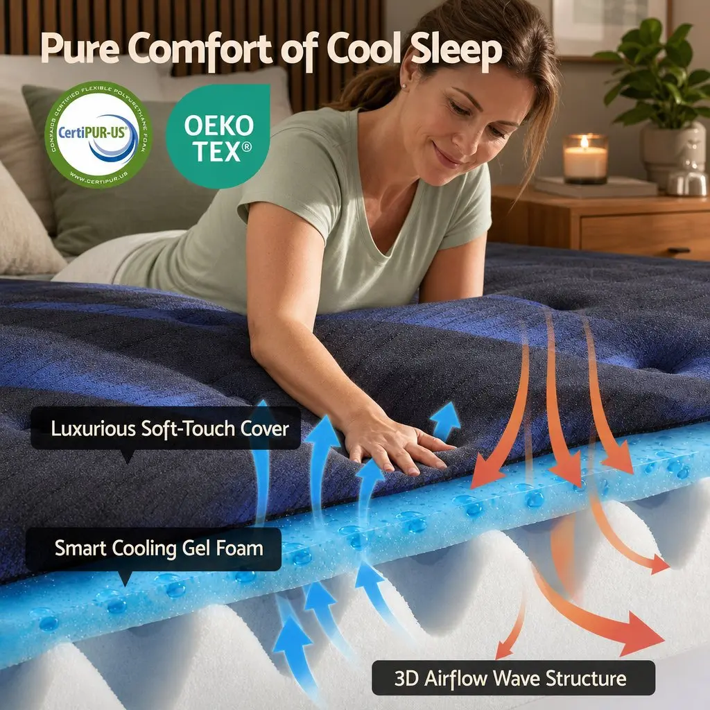 Single Mattress Black Blue 34cm Cooling Gel Memory Foam Pocket Spring Medium Firm