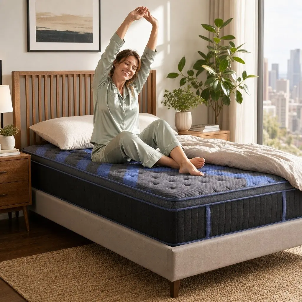 Single Mattress Black Blue 34cm Cooling Gel Memory Foam Pocket Spring Medium Firm