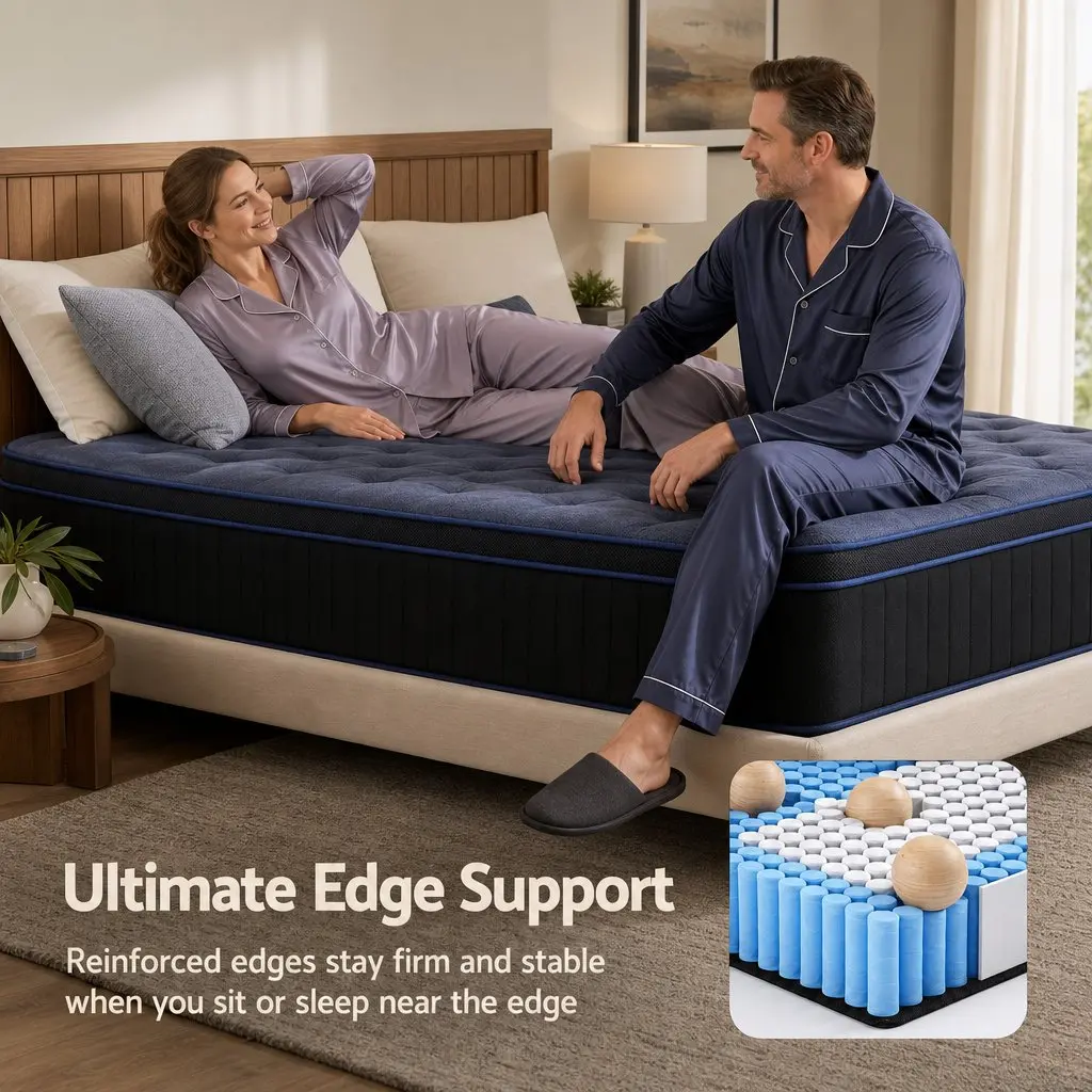 Single Mattress Black Blue 34cm Cooling Gel Memory Foam Pocket Spring Medium Firm