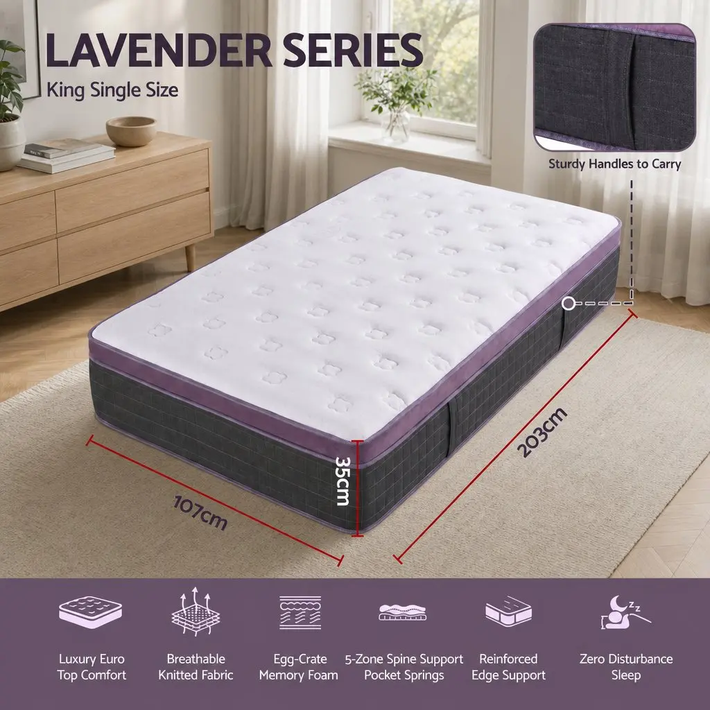 King Single Mattress Firm Euro Top Pocket Spring Edge Support 35cm Thick